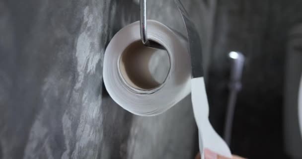 Рука Отрывает Туалетную Бумагу Держателе Разумное Использование Туалетной Бумаги Разумное — стоковое видео