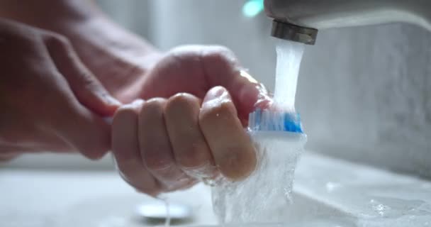 Mãos Enxaguar Escova Dentes Debaixo Água Homem Lava Cerdas Escova — Vídeo de Stock