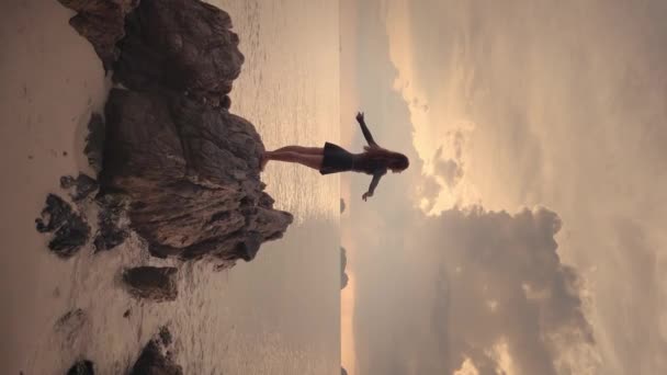 Žena Pláži Stojí Velké Skále Vertikální Video Pozadí Oranžový Západ — Stock video
