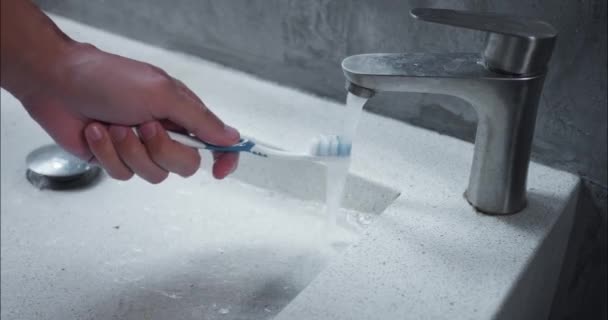 人的手拿着牙刷在自来水下个人卫生定期清洁对健康和自尊至关重要的牙刷 牙刷的清洁反映了自我保健意识 — 图库视频影像