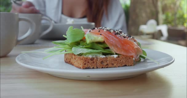 Tischcafé Teller Ist Appetitlich Toast Mit Lachs Und Kräutern Ideale — Stockvideo