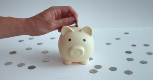 Mans Tangan Melempar Uang Celengan Keramik Bank Piggy Dikaitkan Dengan — Stok Video