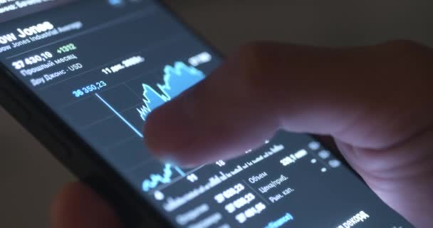 Мобильный Телефон Руке Человека Ориентируется Криптовалютного Рынка Крупным Планом Криптовалютной — стоковое видео