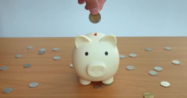 Kumbaraya para taşıyan el, para biriktirme işlemidir. Her sikke finansal istikrar ve ekonomiye katkı sağlıyor. Domuz kumbarası insanların mali durumlarını düzeltiyor.