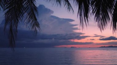 Güzel tropikal günbatımından sonra akşam sakin denizi. Güzel günbatımının kalıntıları deniz suyuna yansıyor. Palmiye yapraklarının siluetleri gökyüzüne karşı. Büyük gök gürültüsü gökyüzüne yaklaşıyor..