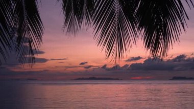 Akşam günbatımında Palm Beach 'in resimli manzarası. Akşam deniz manzarası. Okyanusun üzerinde kırmızı bulutlar. Palm Beach 'te tropik bir gün batımı. Statik çekim.