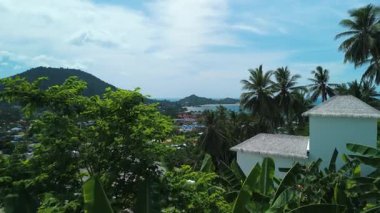 Karayip Adaları. Dağınık evleri olan yeşil yamaç. Bereketli muz yaprakları, bulutlu gökyüzünün altında, gösterişli palmiye ağaçları, beyaz evler ve sakin körfez manzaralı tropikal bir ada çerçevesi oluşturur..