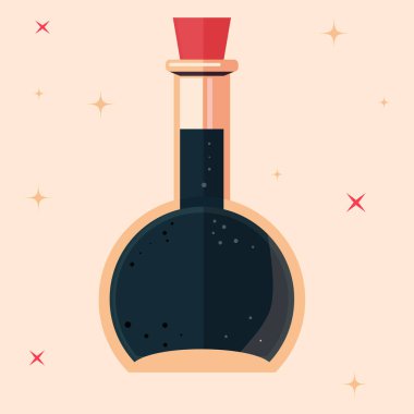 Mantar tıpalı bir iksir şişesinin düz bir çizimi. Şişe sıvıyla dolu. Sihir, simya veya fantezi temalarıyla ilgili projeler için uygundur..