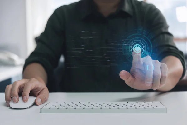 Human Finger Presses Touch Screen Button to Activate Future Artificial Intelligence in the Concept of Digitalization. Visualization of the Intersection of Humanity with Machine Learning, AI, and  Tech