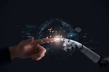 Robot bilimi, robot ve insan eli öğrenme makinesi, gelecekteki ve ileri teknoloji yapay zeka teknolojileri kullanarak muazzam bir veri ağı bağlantısının arka planına dokunuyor..