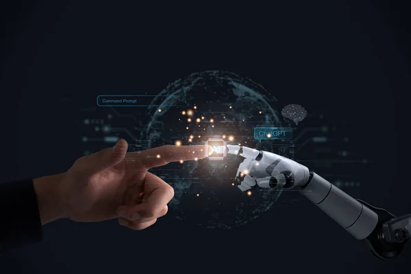 Robotics, machine learning Robotic and human hands touching a background of a massive data network link, using futuristic and cutting-edge artificial intelligence technologies.
