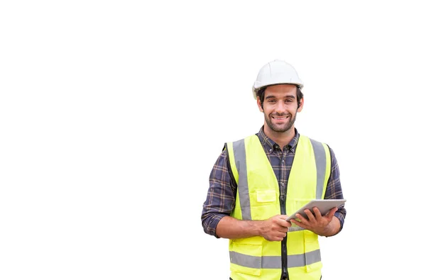 Male Construction Engineer Holding Tablet Text Copy Space White Background — Stock Photo, Image