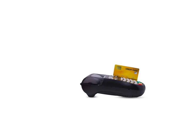 Máquina Cartão Crédito Leitor Cartão Isolar Fundo Branco Espaço Cópia — Fotografia de Stock