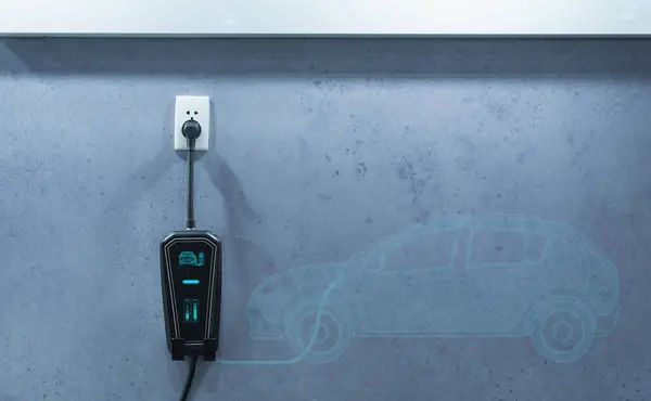 Yaygın elektrikli araba. Modern, çağdaş bir konut binasının duvar kutusu elektrikli bir aracı şarj ediyor..