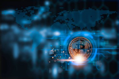 Şifreleme para biriminin dünya çapında etkisini vurgulayan, stilize küresel harita arkaplanı ile parlayan bir Bitcoin sembolünün kavramsal dijital görüntüsü.