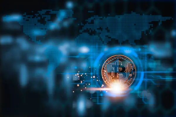 Konceptuell Digital Bild Glödande Bitcoin Symbol Med Stiliserad Global Karta Royaltyfria Stockfoton