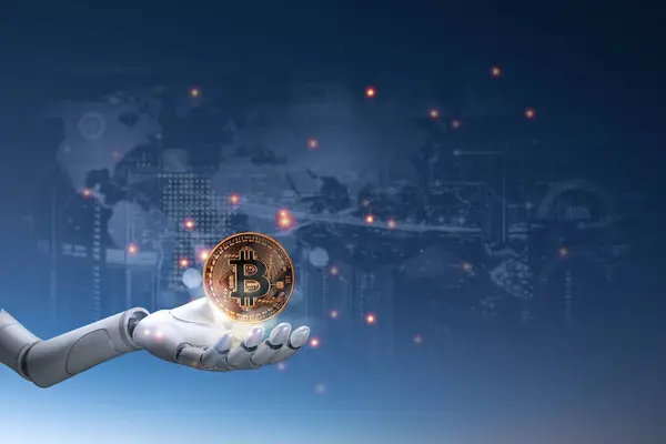 stock image A robotic hand holding a Bitcoin coin against a digital backdrop, symbolizing the integration of technology and cryptocurrency.