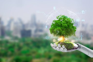Bir robot el, sürdürülebilir teknolojiyi, yapay zeka yeniliğini ve çevre dostu kentsel gelişimi sembolize eden, canlı bir ağacı destekler..