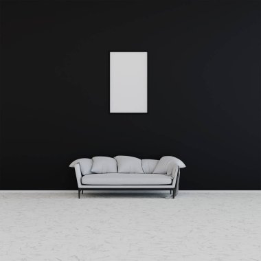 Koyu arkaplanda gri kanepe ve metin için boş yer