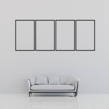 Beyaz kanepe boş duvarda ve çerçeve metin için, 3D render
