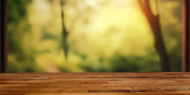 3D Illustration of forest and wooden product packshot podium. Banner template.