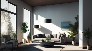 Living room with modern stylish sofa, plant and lamp. Spacious interior template.