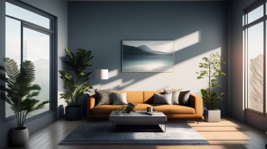 Interior design of cozy living room interior with copy space, mockup poster frame, grey table, plant and window. Personal accessories. Home decor. Template.