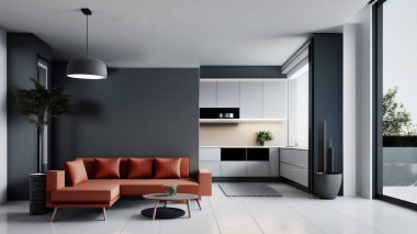 Ginger corner sofa in modern apartment with kitchen and terrace. Spacious interior. Home decor.