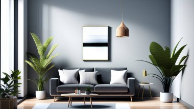 Stylish compostion at living room interior with design gray sofa, wooden coffee table, elegant personal accessories. White pillow. Cozy apartment. Home decor