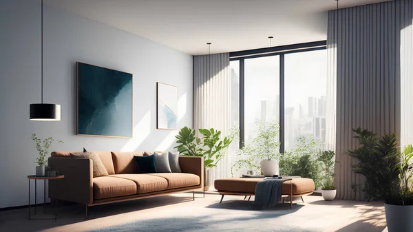 Spacious simple living room interior with brown sofa and big poster. Home decore template.