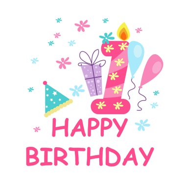 Şirin karakterli eğlenceli bir doğum günü kartı vektör çizimi.