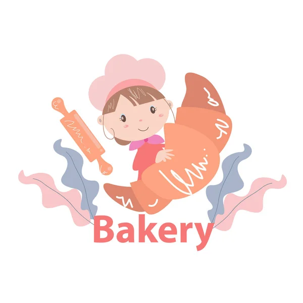 パン屋のロゴベクトルイラストともにかわいい女の子漫画アート — ストックベクタ