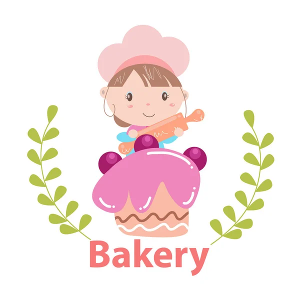 面包店标志矢量插图与可爱的女孩卡通画 — 图库矢量图片