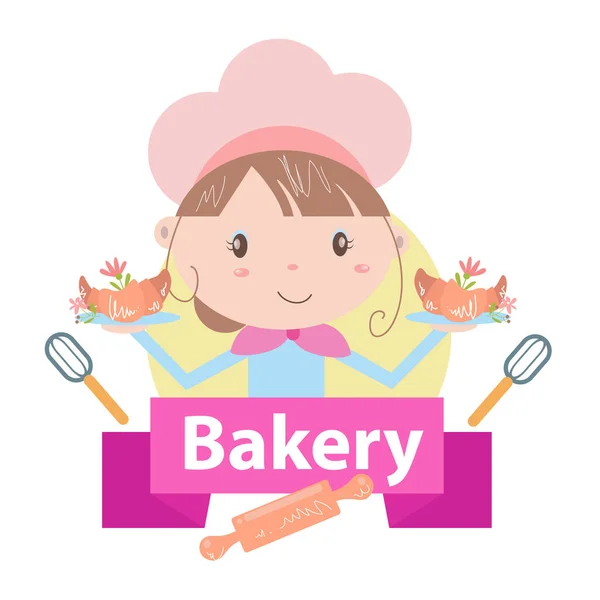 面包店标志矢量插图与可爱的女孩卡通画 — 图库矢量图片