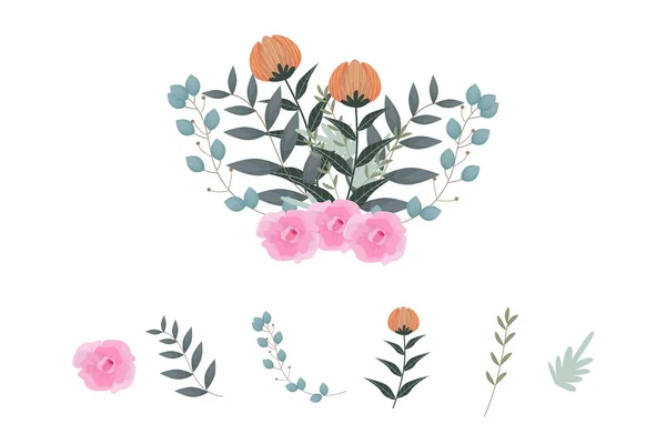 Set Aus Rosa Floralen Elementen Und Arrangements — Stockvektor