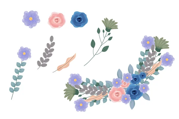 Ensemble Éléments Floraux Arrangements Bleus Marron — Image vectorielle