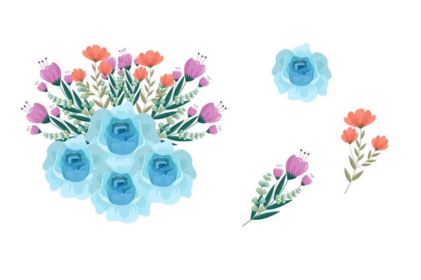 Conjunto Elementos Arreglos Florales Marrones Azules — Archivo Imágenes Vectoriales