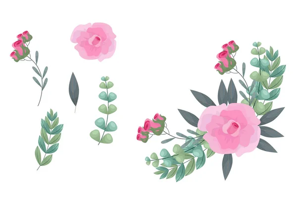ピンクの花の要素とアレンジのセット — ストックベクタ