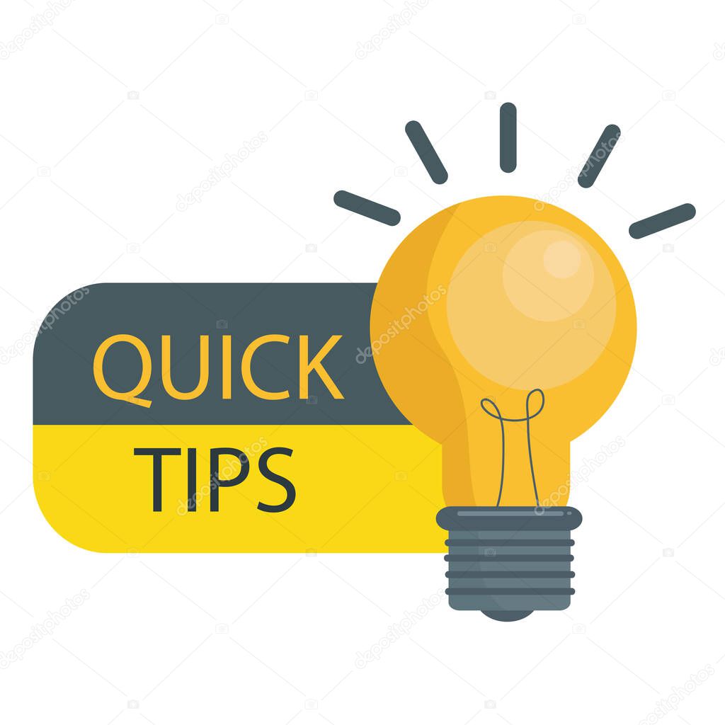 Quick tips, helpful suggestions, tooltip, advice idea solution speech bubble. Label useful clue. Creative sticker, icon for web, blog post, education. Quick tips and light bulb, lamp.