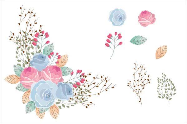 Set Aus Blau Rosa Blüten Und Grün Braunem Blatt Cliparts — Stockvektor