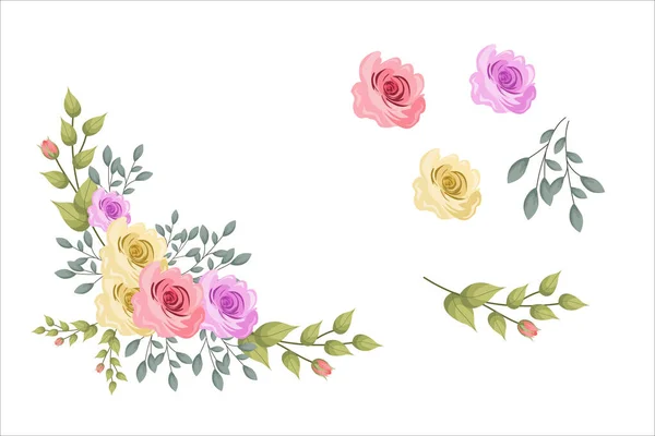 Uppsättning Rosa Bruna Blommor Och Gröna Blad Clipart Isolerad — Stock vektor