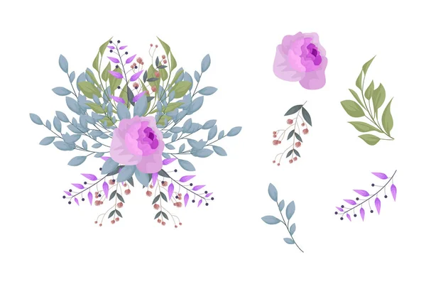 Μια Ποικιλία Από Πολύχρωμες Συνθέσεις Από Όμορφα Φύλλα Και Λουλούδια — Διανυσματικό Αρχείο