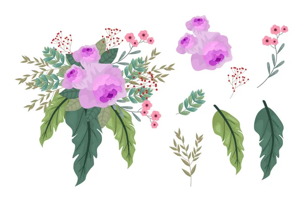 Een Verscheidenheid Aan Kleurrijke Arrangementen Van Mooie Bladeren Bloemen — Stockvector