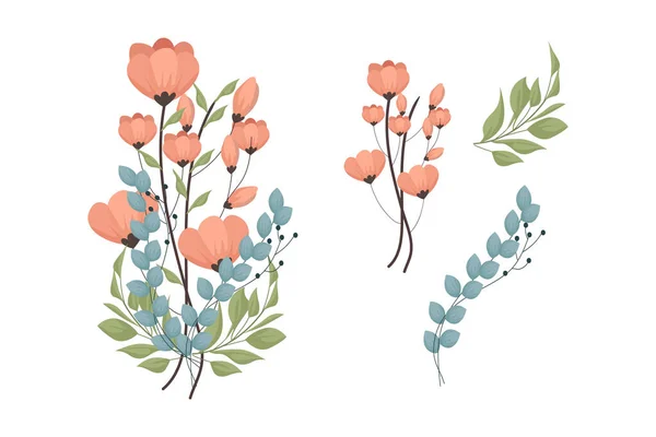 Μια Ποικιλία Από Πολύχρωμες Συνθέσεις Από Όμορφα Φύλλα Και Λουλούδια — Διανυσματικό Αρχείο
