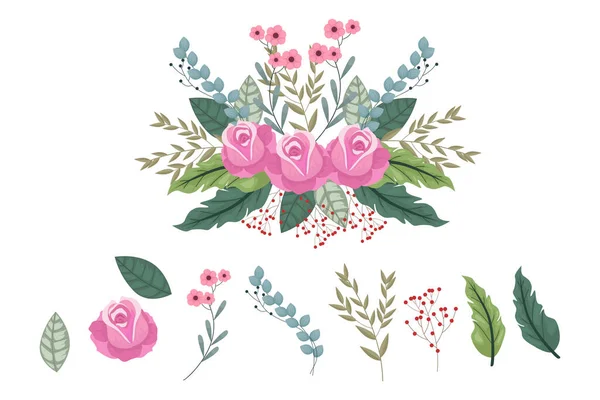 Eine Vielzahl Farbenfroher Arrangements Aus Schönen Blättern Und Blumen — Stockvektor