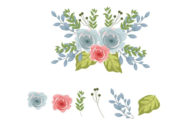 Mängd Färgglada Arrangemang Vackra Blad Och Blommor — Stock vektor