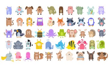 Doğum günü kartları ya da davetiyeler için uygun şirin hayvan çizgi filmleri koleksiyonu.