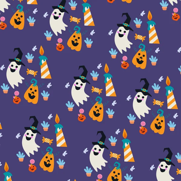 Kolekcja Szczęśliwych Wzorów Halloween Nadaje Się Projektowania Tekstyliów Papieru Pakowego — Wektor stockowy