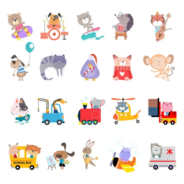 Eine Sammlung Niedlicher Animal Cartoons Für Geburtstagskarten Einladungen Und Kinderkleidungsdesigns Stockvektor