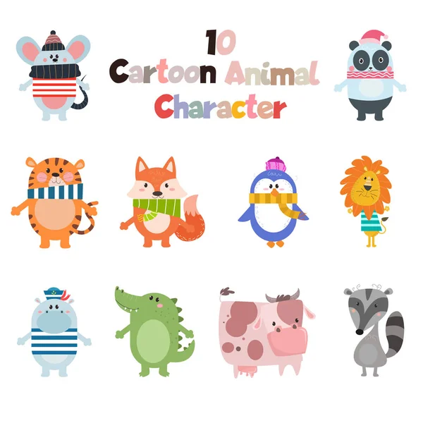 Colección Personajes Dibujos Animados Animales Lindo — Vector de stock